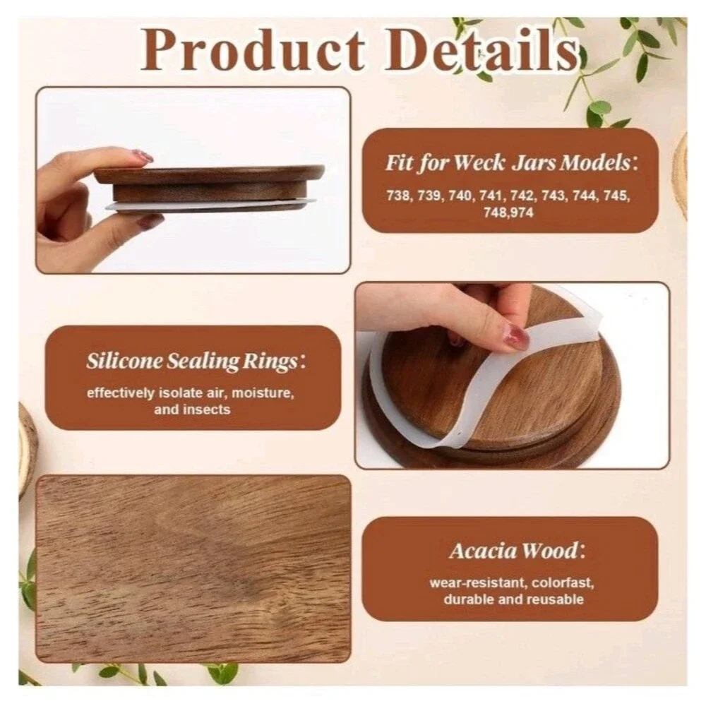 2 Pack Wooden Jar Lids with Silicone Seal Round Replacement Bamboo Style New